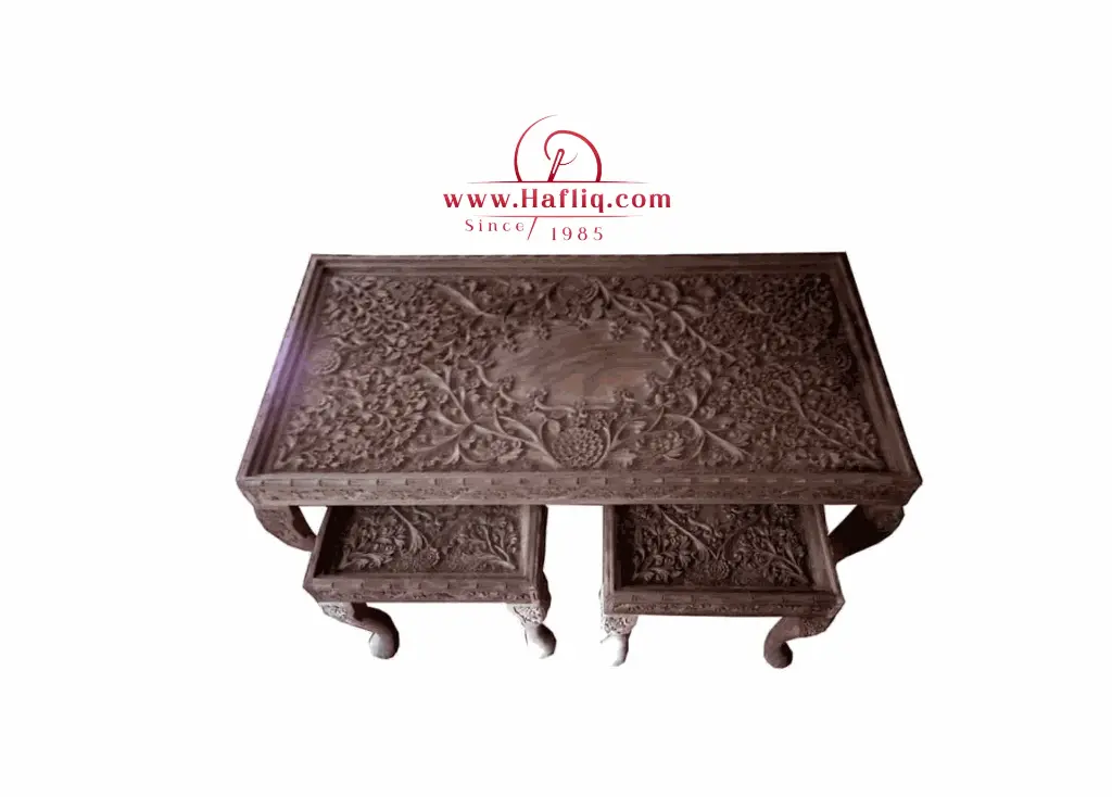 Exquisite Kashmiri carved walnut coffee table with matching stools.