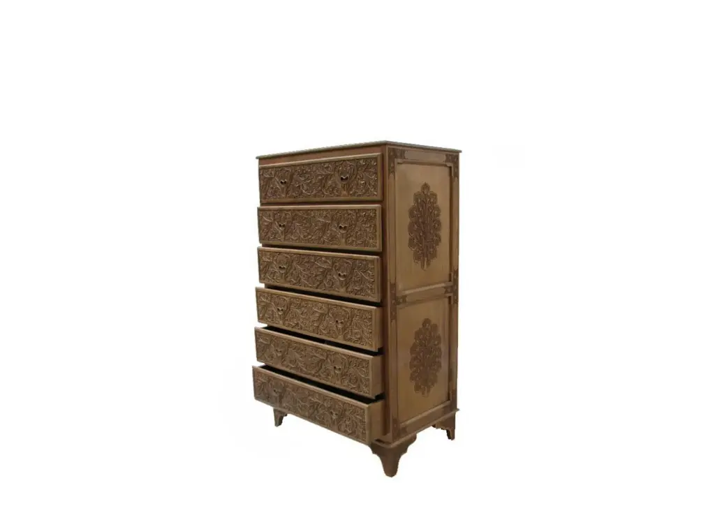 Handcrafted Kashmiri walnut wood chest of drawers.