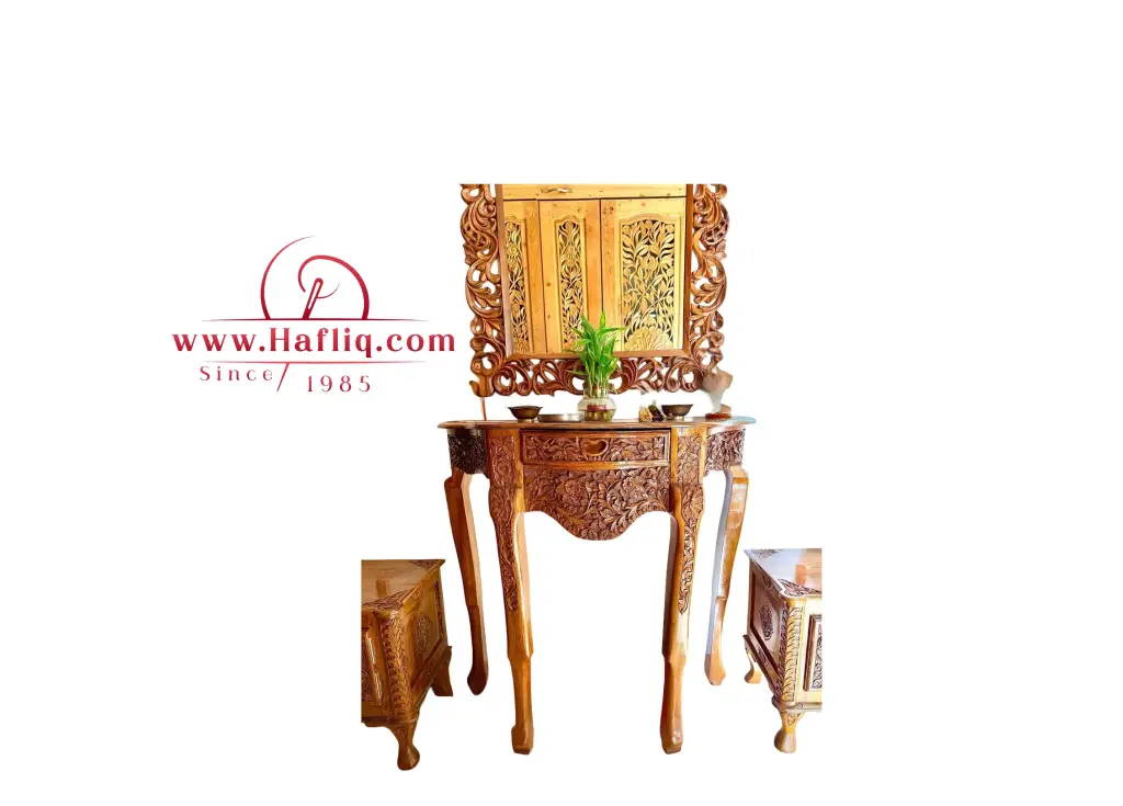 Exquisite Kashmiri carved wood console set with mirror and stools.