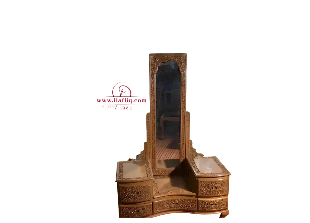 Elegant Kashmiri Carved Wood Dressing Table with Mirror