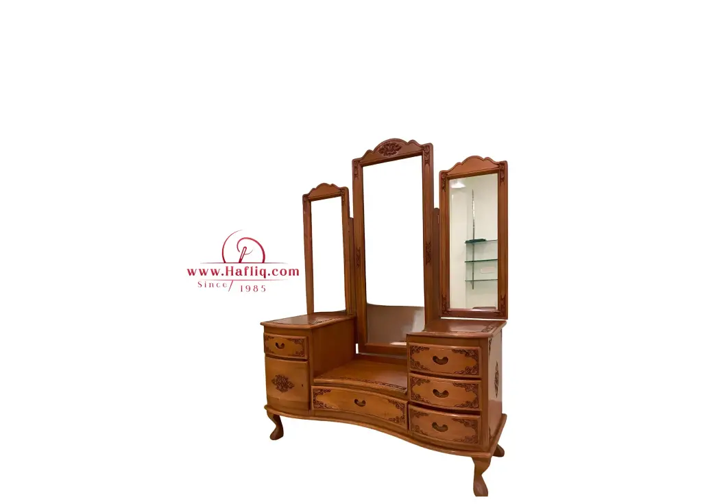 Elegant Kashmiri Carved Wood Dressing Table with Triple Mirrors