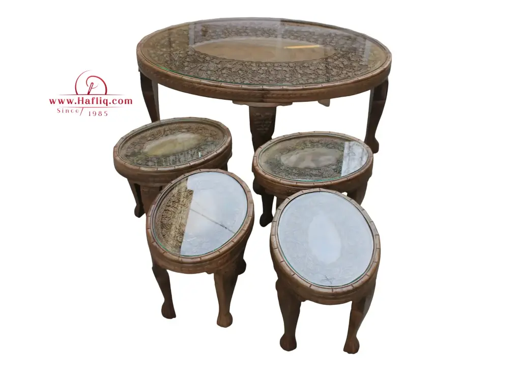 Kashmiri Carved Tea Set: Round Table with Four Stools