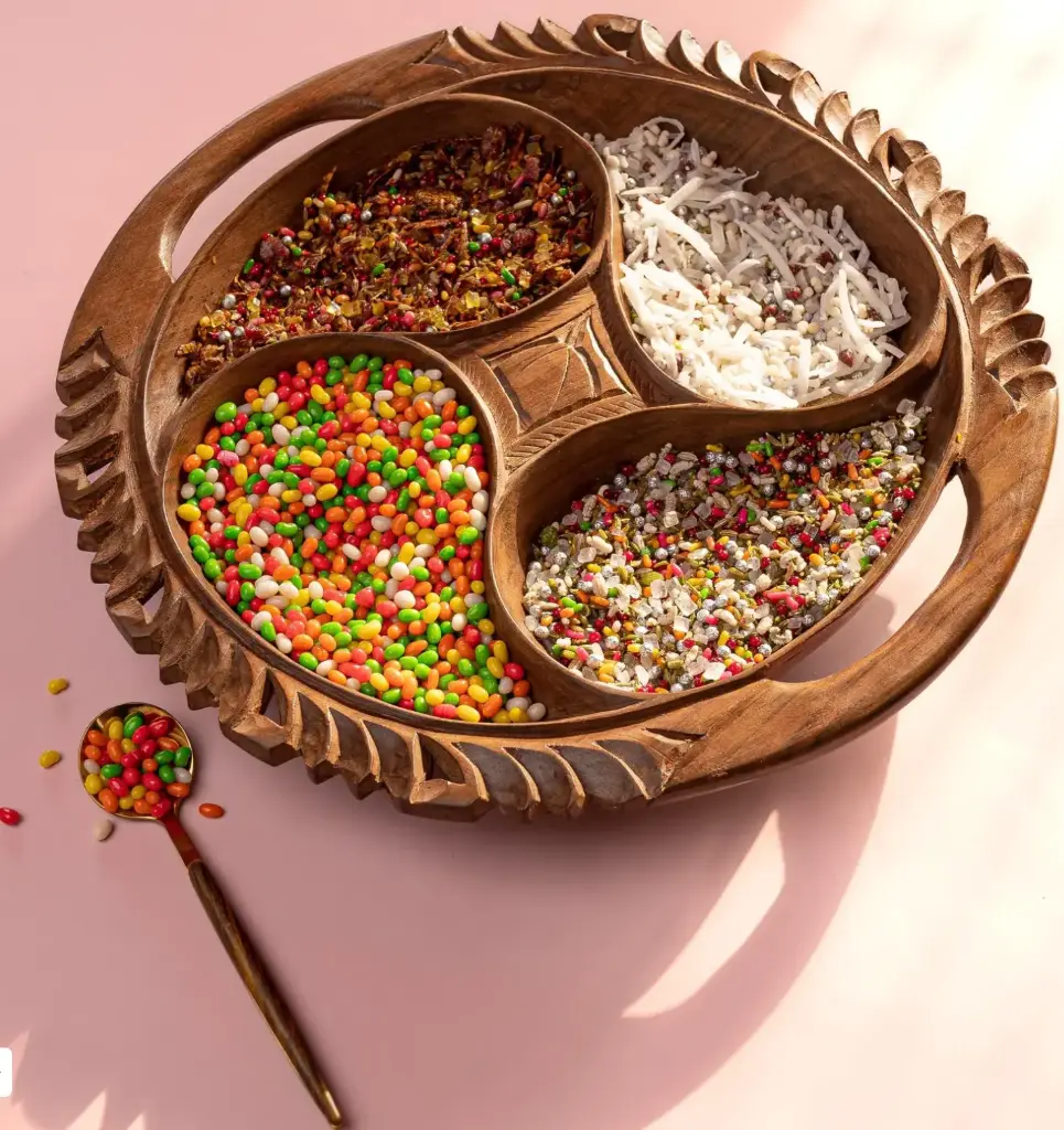 Walnut wood carved Dry Fruit Serving Bowl with 4 compartments