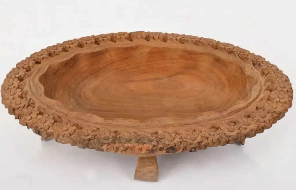 Handcrafted Narcissus Engraved Walnut Wood Bowl