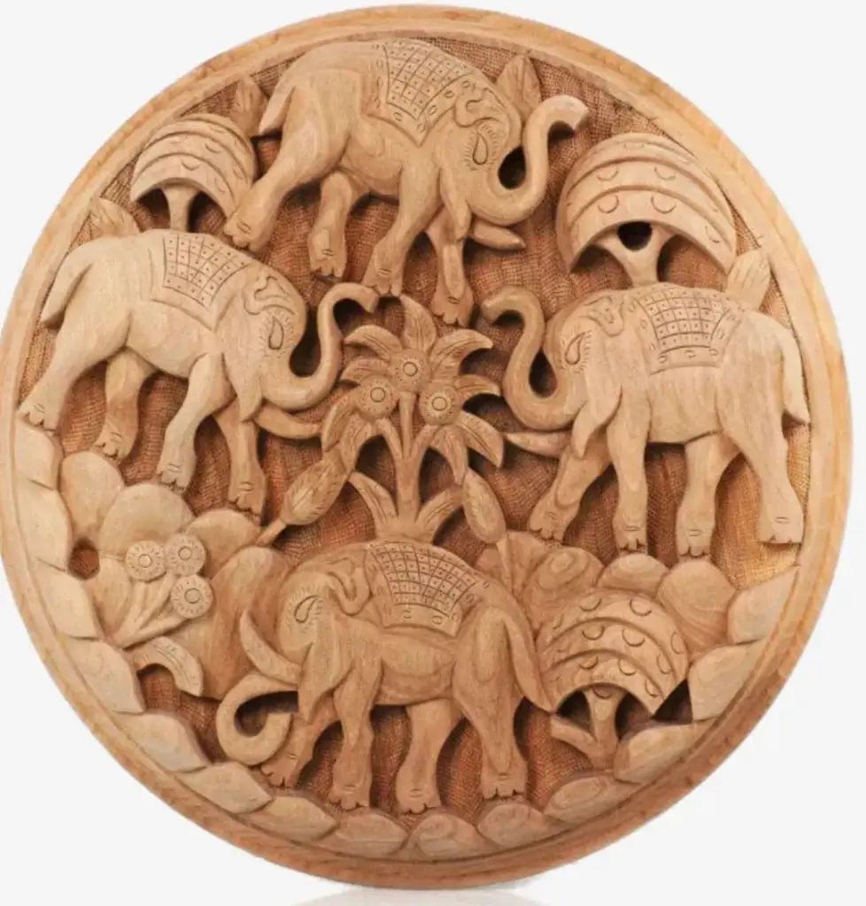 Elephant Carved Handcrafted Walnut Wood Wall Plate