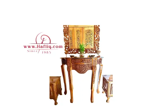 Exquisite Kashmiri carved wood console set with mirror and stools.