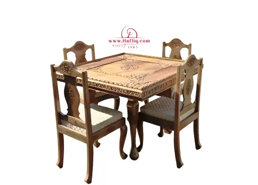 Elegant Kashmiri Carved Wood Dining Set for Four