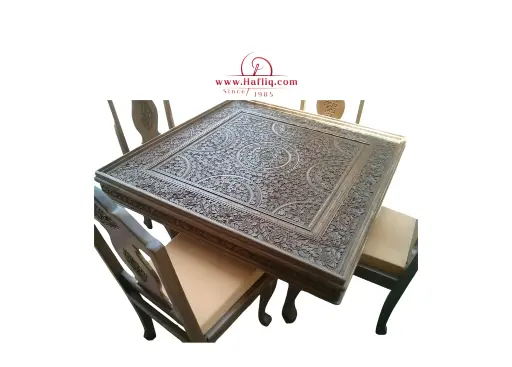 Exquisite Kashmiri Walnut Wood Carved 4-Seater Dining Table