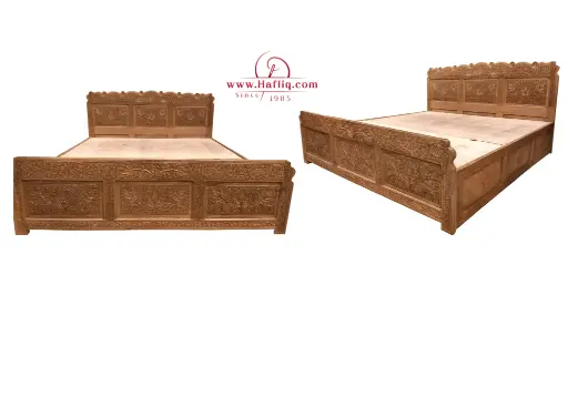 Maharaja Carved Walnut Wooden Double Bed from Kashmir
