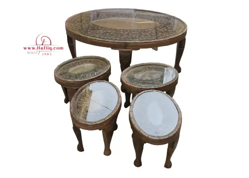 Kashmiri Carved Tea Set: Round Table with Four Stools