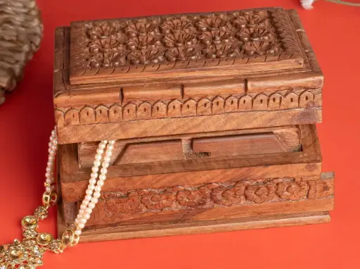 Walnut wood Rectangle Jewellery box with floral motif carving on top