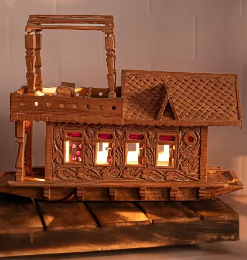 Walnut wood carved Kashmir House Boat with Lights