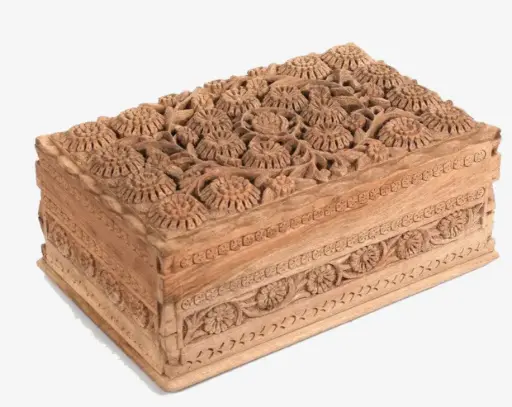 Carved Marigold Handmade Walnut Wood Jewelry Box