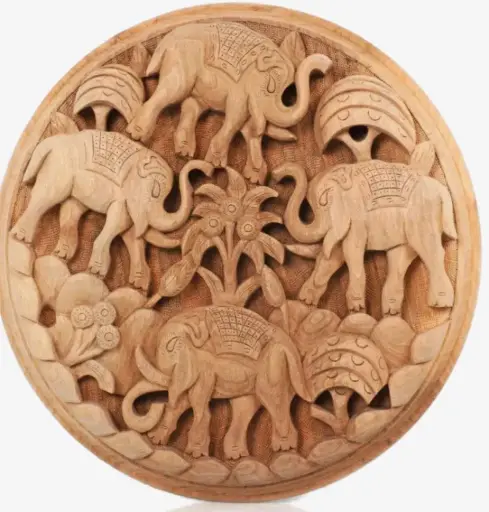 Elephant Carved Handcrafted Walnut Wood Wall Plate